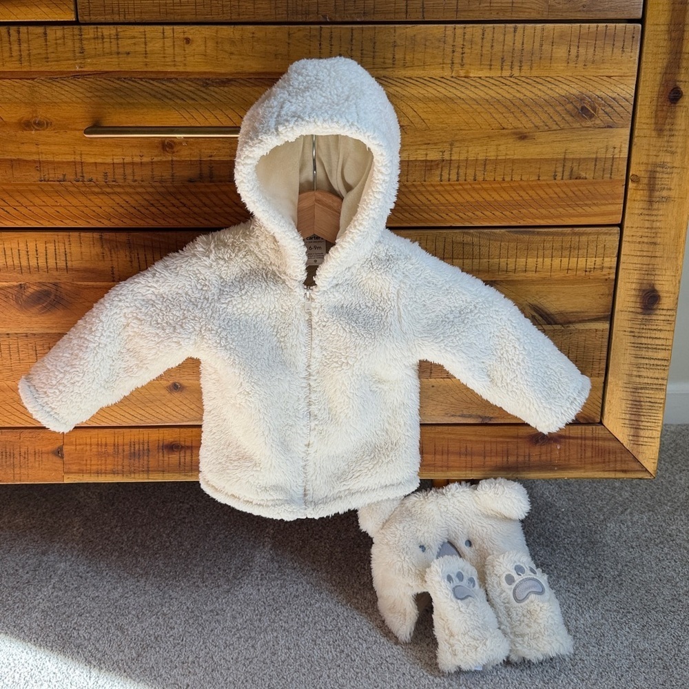Carter’s Cozy White Fleece Baby Jacket with Gloves and Hat